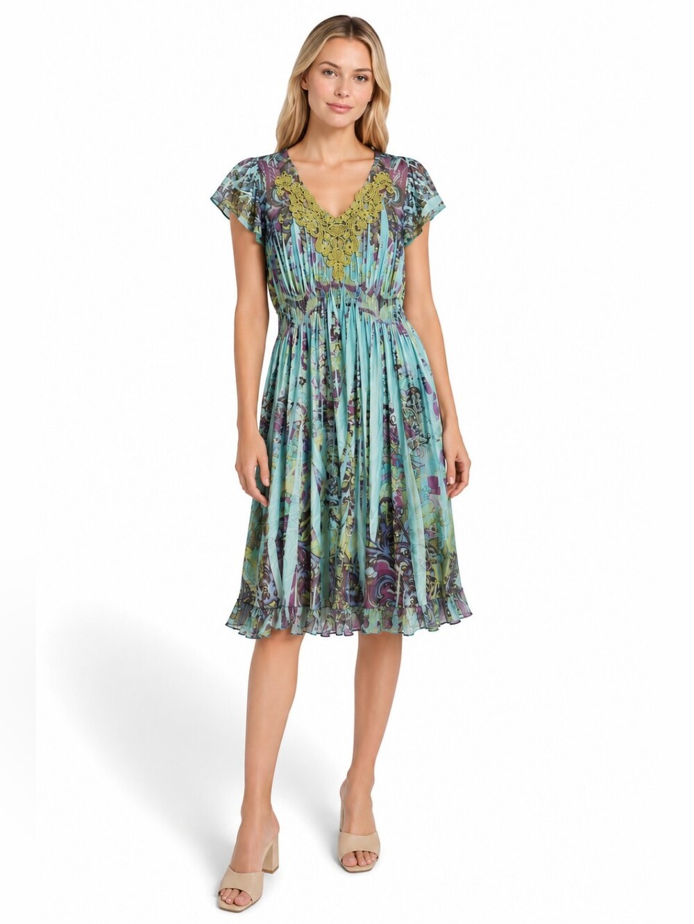 Apt. 9 Aqua and Green Multicolor Printed Chiffon Midi Dress XL